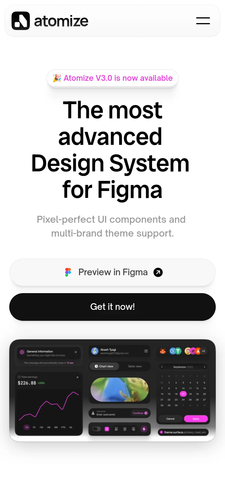 The mobile version maintains the minimalist white aesthetic but uses a stacked vertical layout. The navigation bar is condensed into a hamburger menu icon, and the hero text, buttons, and UI mockup are scaled down and centered to fit the narrow viewport, ensuring readability and easy touch interaction.