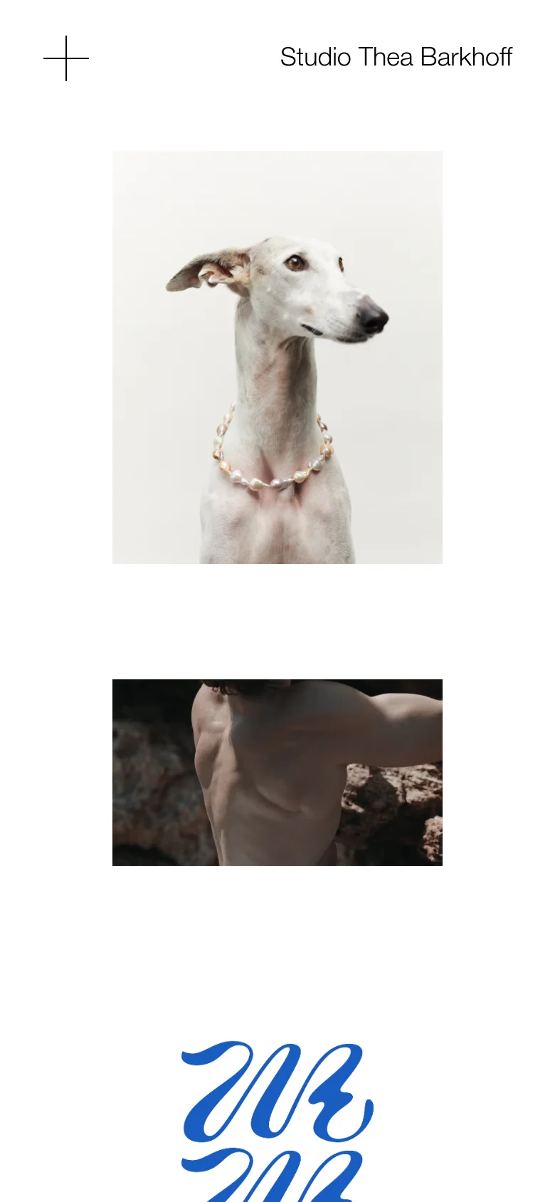 The mobile version maintains the minimalist aesthetic but transitions to a single-column vertical scroll for the project gallery. The header displays the studio name and a plus icon, while the large imagery is scaled to fit the narrower screen width, ensuring a focused view of each design piece.