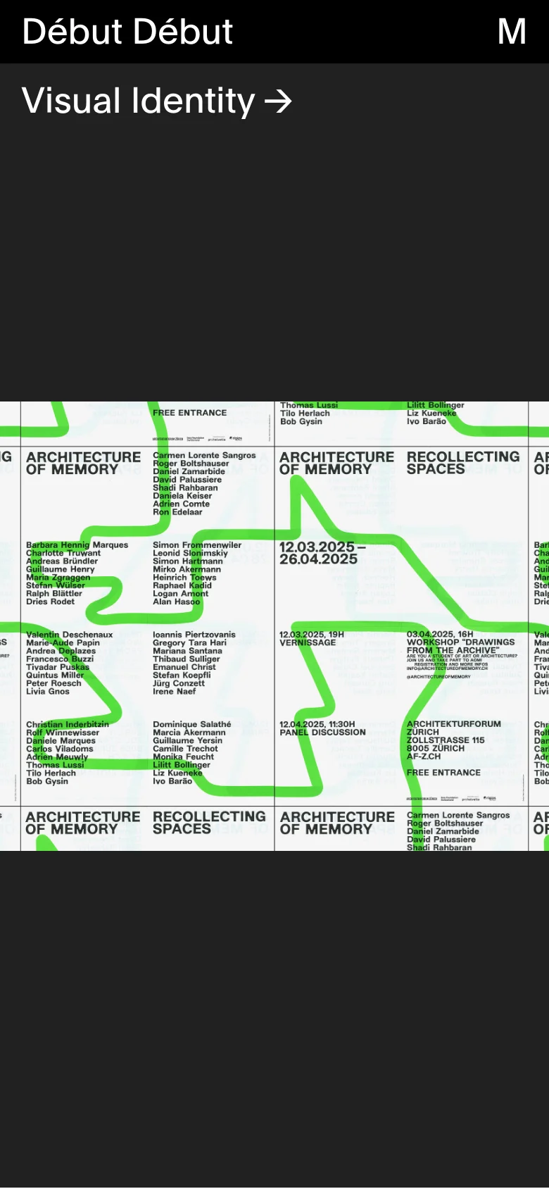 The mobile version simplifies the layout into a vertical stack, focusing on large, bold headings and single-column navigation. The bright green abstract graphic is more prominent against the dark background, and the text is scaled up for readability on smaller screens, prioritizing the primary project categories.