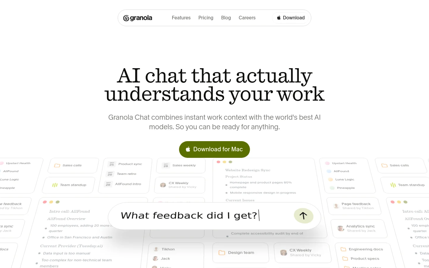 Granola Chat page featuring a minimalist dark text on light background design. The hero section displays large serif typography with the headline AI chat that actually understands your work above a Download for Mac button and a layered grid of floating UI cards.