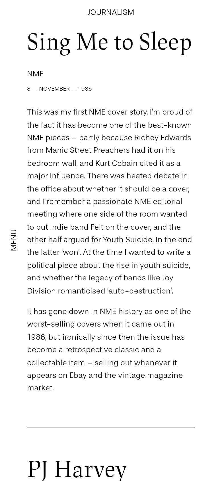 The mobile version simplifies the layout into a single vertical column, stacking the journalism articles one after another. The large serif headlines remain prominent, but the two-column desktop arrangement is replaced by a continuous scroll of text and headings. The white background and minimalist aesthetic are preserved.