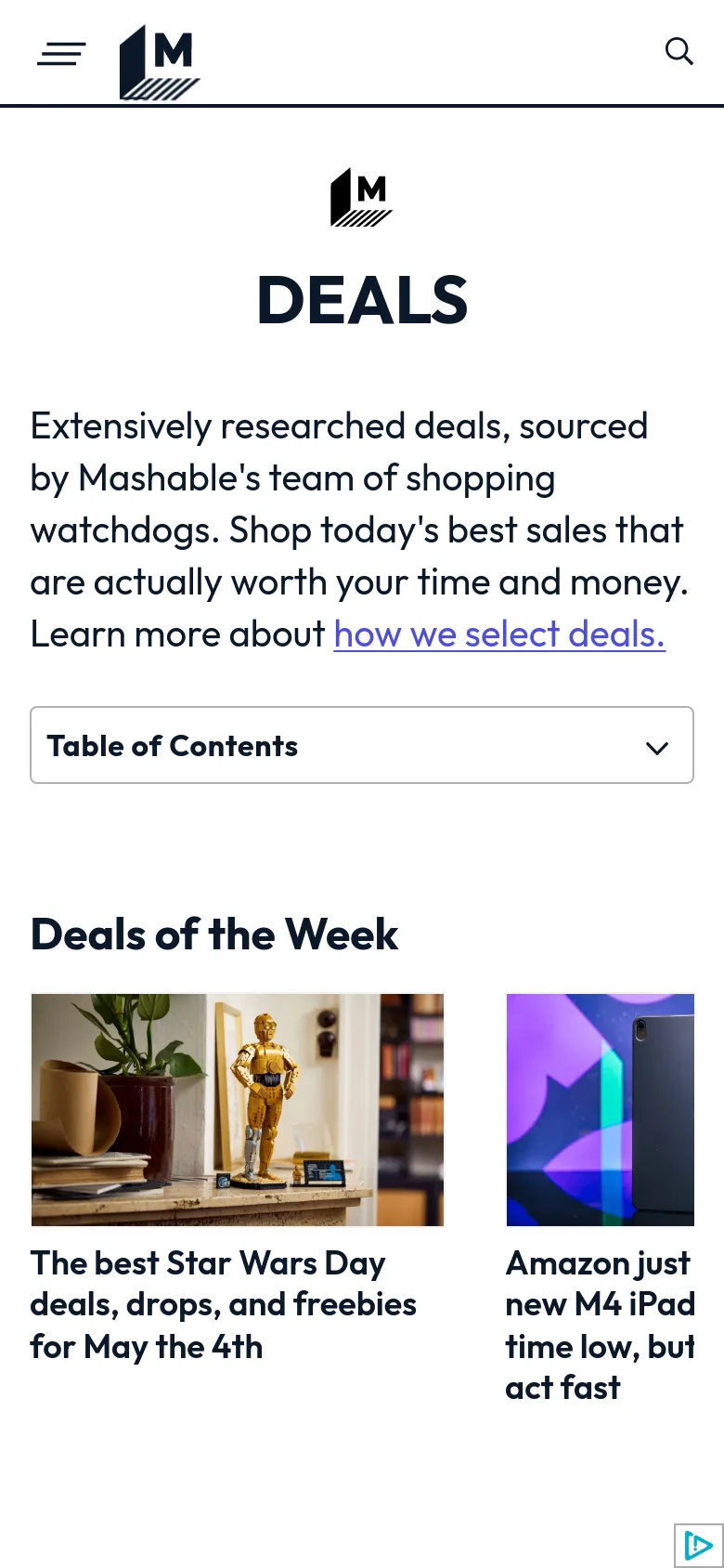 The mobile version of the Deals page uses a single-column vertical layout to optimize for smaller screens. The 'DEALS' header and introductory text are centered at the top, followed by a full-width 'Table of Contents' dropdown. The 'Deals of the Week' section displays large, stacked image cards with headlines, and the navigation is condensed into a hamburger menu and a search icon.