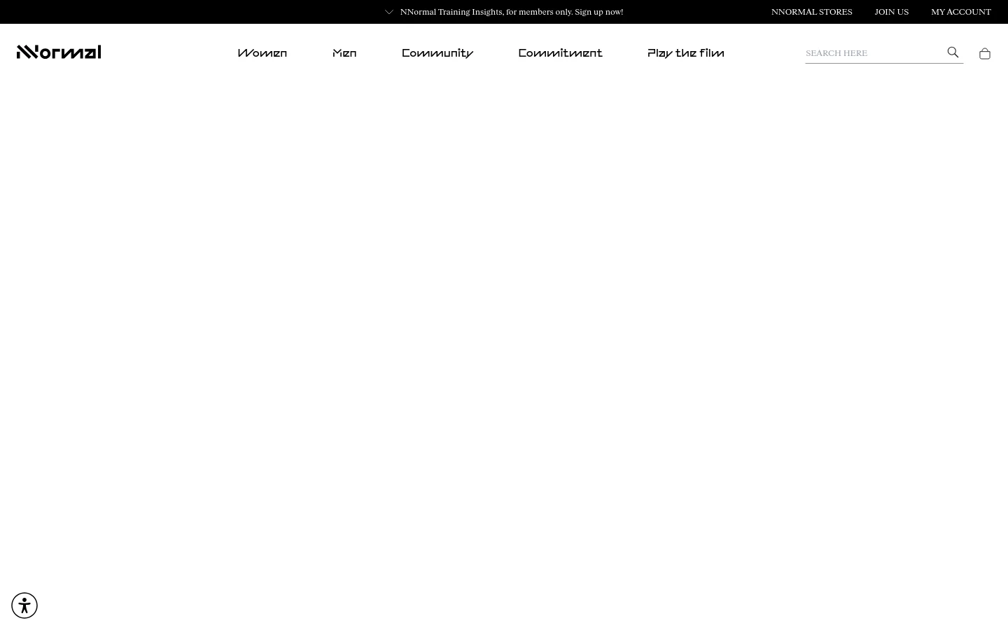 The NNormal homepage features a minimalist white layout with a top navigation bar containing links for Women, Men, Community, Commitment, and Play the film. The NNormal logo is positioned on the left, with a search icon and shopping bag icon on the right. A thin black announcement bar at the very top promotes NNormal Training Insights.