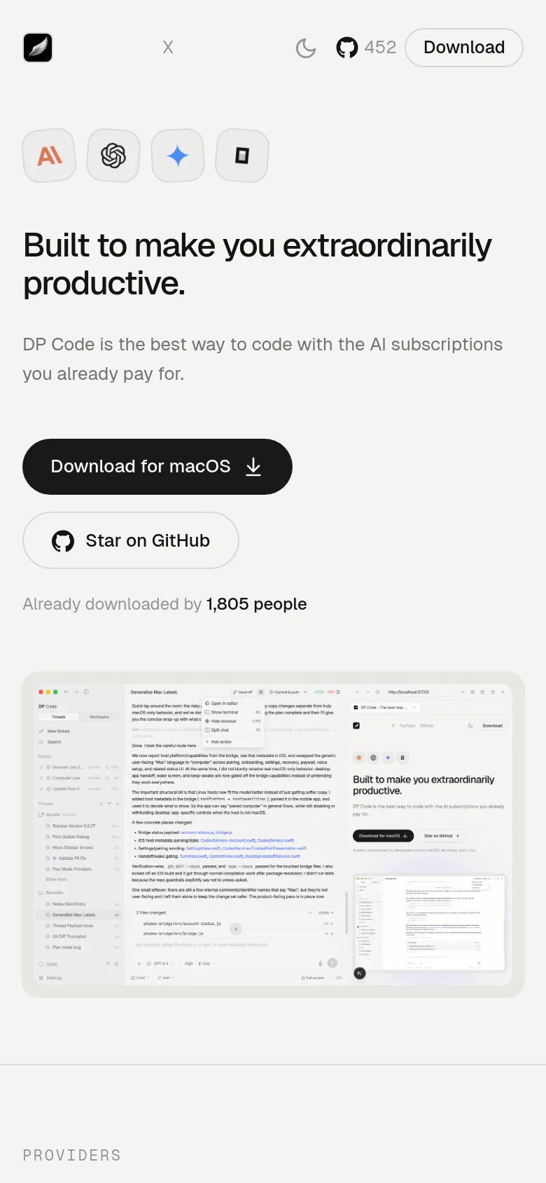 The mobile version presents a vertically stacked layout optimized for small screens. The hero headline and download buttons are centered, and the side-by-side interface screenshots from the desktop version are replaced by a single, large interface preview. The 'Providers' section and subsequent feature details follow a single-column scrolling format.