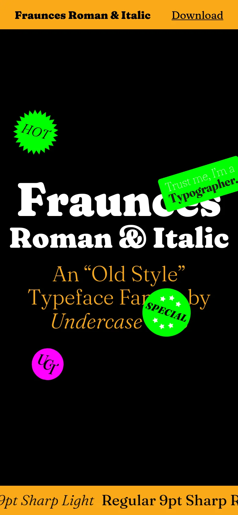 The mobile version maintains the black background and large cream-colored serif text but uses a more vertically stacked layout. The colorful graphic stickers, such as the green 'HOT' star and 'Trust me, I'm a Typographer' banner, are repositioned to fit the narrow screen, and the orange header remains at the top with the download link.