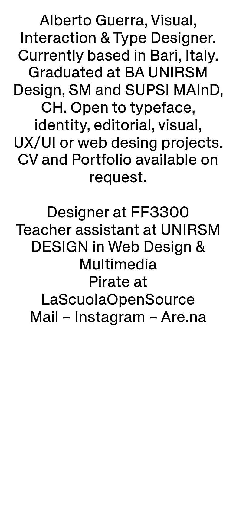 The mobile version maintains the minimalist white and black aesthetic with centered text. The layout is vertically stacked, presenting the bio and professional information in a single column optimized for narrow screens.