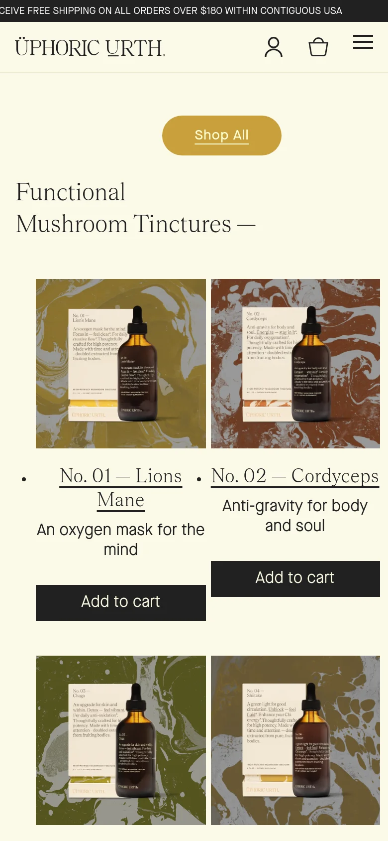 The mobile version features a single-column vertical layout of the product grid to fit the narrow screen. The header is condensed with a hamburger menu icon, brand logo, user profile, and shopping bag icon. The 'Shop All' call-to-action button is centered and prominent above the product list.