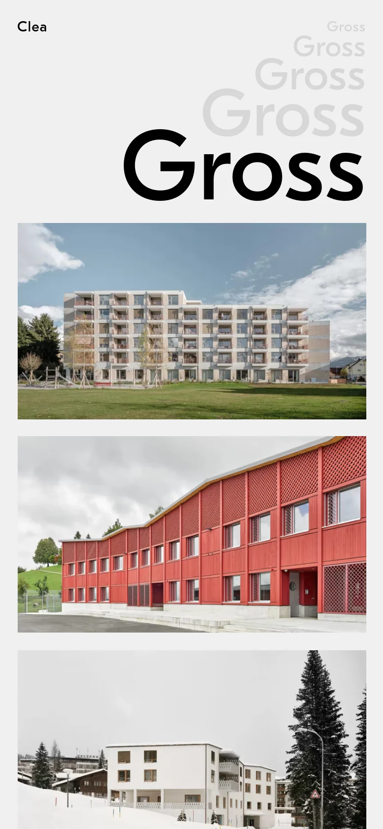 The mobile version maintains the minimalist aesthetic with the large 'Gross' typography at the top. The project images are rearranged into a single-column vertical scroll, making each architectural photograph full-width for easier viewing on a small screen. The navigation is simplified, focusing on the visual flow of the project imagery.