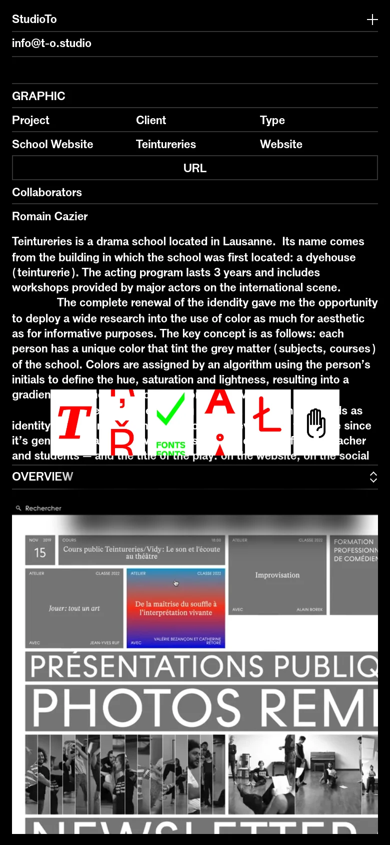 A mobile version of the Teintureries website with a simplified vertical layout on a black background. The text content and project table are stacked vertically, and the large graphic tiles are scaled down to fit the narrow screen width.