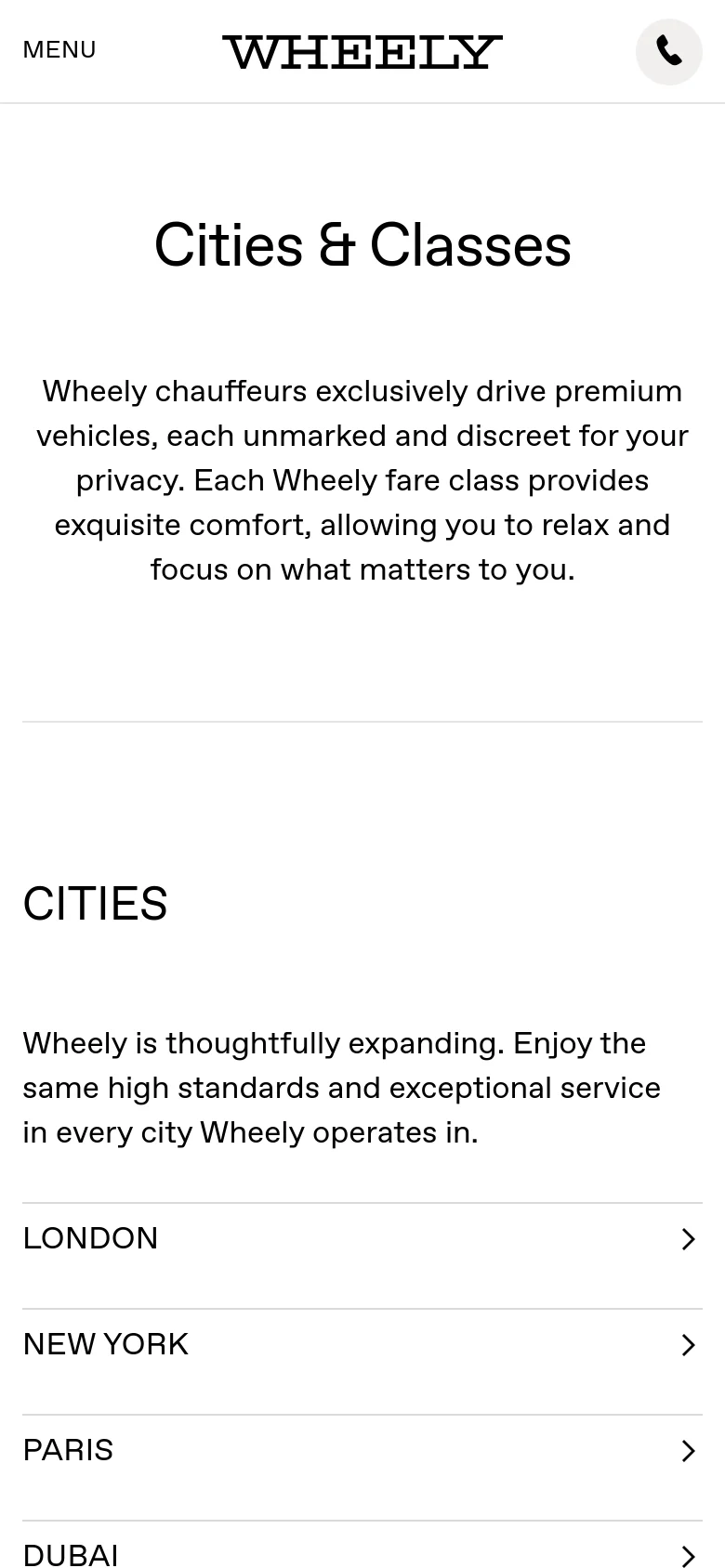 The mobile version uses a simplified layout with a hamburger menu icon on the left, the Wheely logo in the center, and a phone icon on the right. The main content follows a single-column vertical stack, featuring the 'Cities & Classes' headline, descriptive text, and a list of cities that span the full width of the screen.