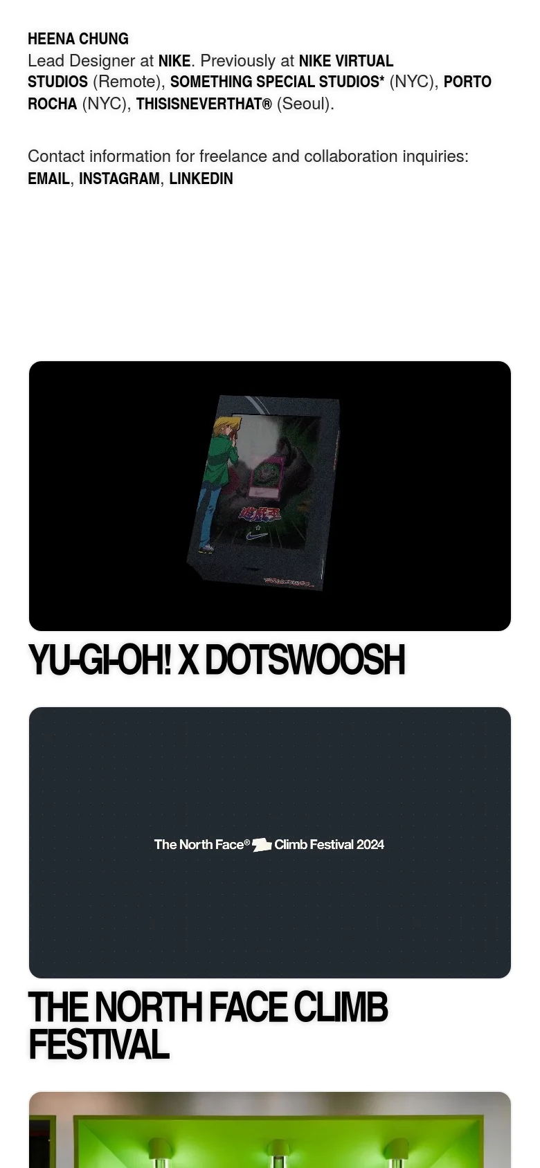 The mobile version features a single-column layout with the header text stacked vertically. The project thumbnails are resized to span the width of the screen, appearing one after another in a vertical scroll.