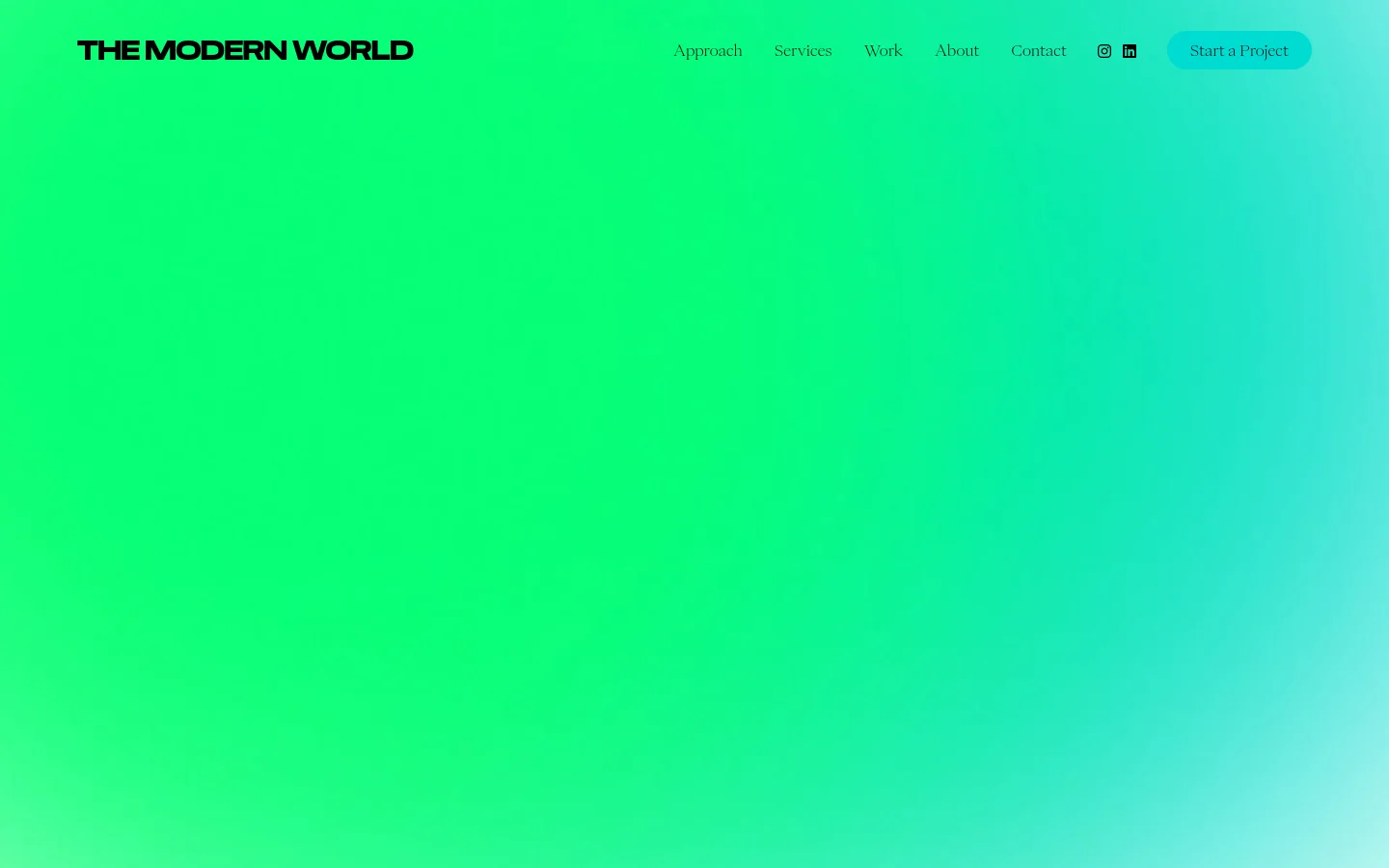 The About page features a vibrant green and teal gradient background with bold black typography. The layout includes a navigation menu at the top, a hero section introducing the Warrington brand studio, and a 'Meet the team' section with a portrait of Co-Founder Matt Lewis.