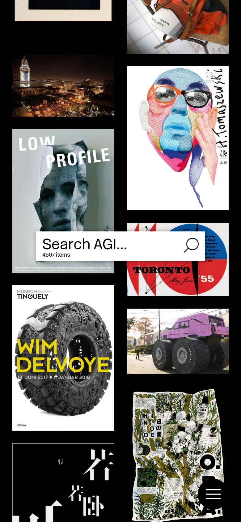 The mobile version maintains the collage of graphic design imagery but rearranges the elements into a vertical scrolling format. The bottom navigation bar is simplified, and the grid layout is condensed to fit the narrower screen width, prioritizing a single-column view of the diverse visual content.
