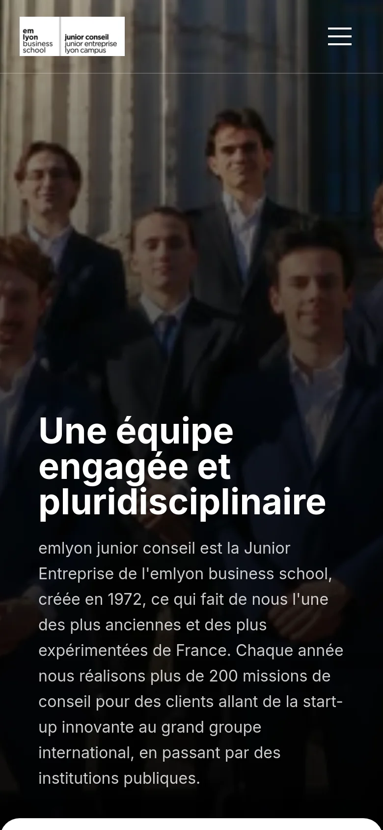 The mobile version presents a vertically stacked layout starting with the same group hero image and headline. The text and team member sections are condensed into a single column for easier scrolling on a smaller screen, maintaining the dark professional color scheme.