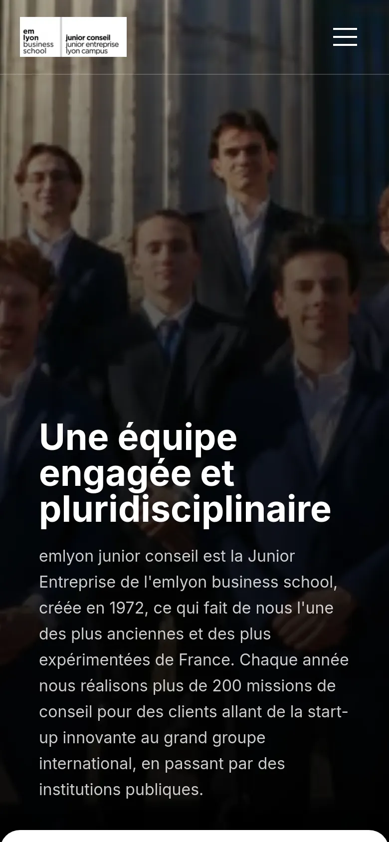 The mobile version presents a vertically stacked layout starting with the same group hero image and headline. The text and team member sections are condensed into a single column for easier scrolling on a smaller screen, maintaining the dark professional color scheme.
