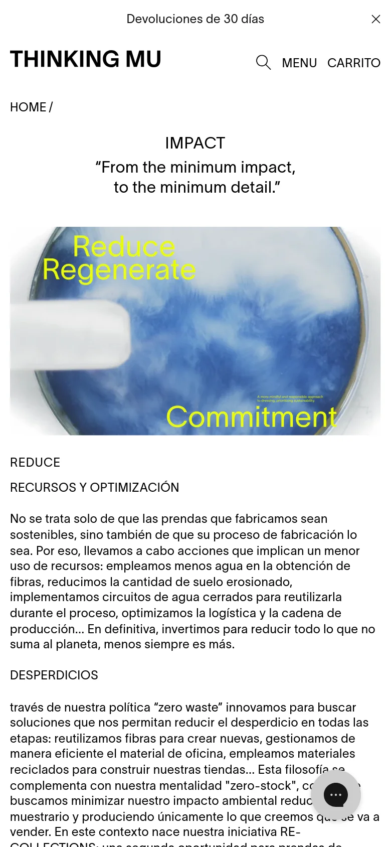 The mobile version uses a vertical layout with a centered navigation menu and a search icon. The hero section is condensed, displaying the large 'IMPACT' headline and the blue-textured image with yellow text, followed by stacked text blocks for 'REDUCE' and its sub-sections. A floating chat icon is visible in the bottom right corner.