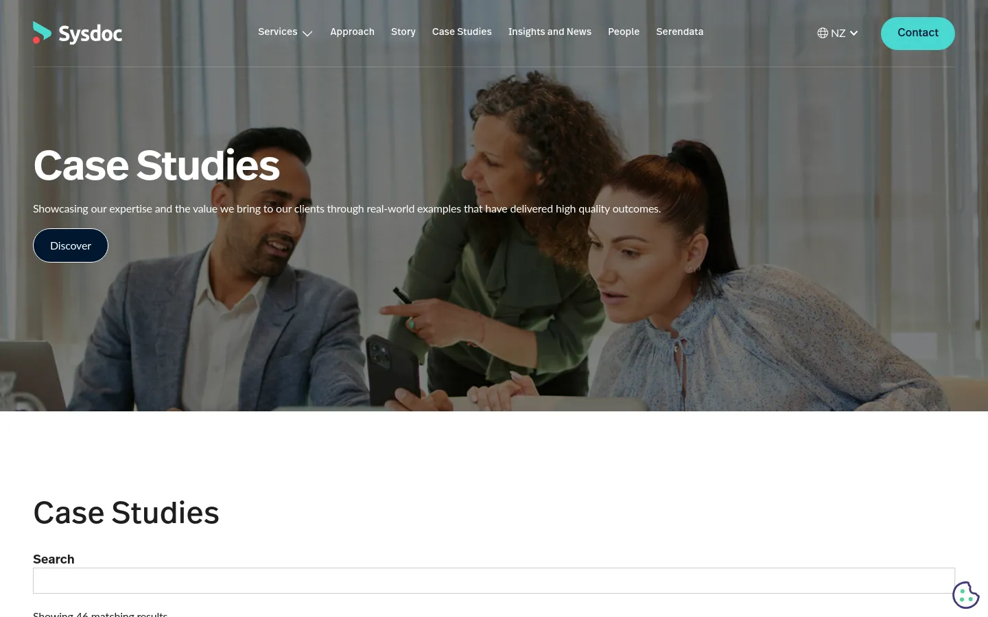 The desktop Case Studies page features a large hero image of three professionals collaborating in an office, overlaid with the title 'Case Studies' and a 'Discover' button. Below the hero section, a clean white background displays a secondary 'Case Studies' heading, a search bar, and a results counter. The navigation menu is visible at the top with links for Services, Approach, Story, Case Studies, Insights and News, People, and Serendata.