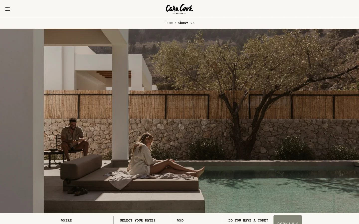 The desktop About Us page features a large hero image of a person relaxing by a pool next to a stone wall and trees, with the title 'ABOUT US' overlaid in white. Below the hero, the layout includes a navigation bar with a booking widget and text sections detailing the brand's philosophy, interspersed with various lifestyle and landscape images. The color palette is composed of earthy, neutral tones like beige, stone, and muted greens.