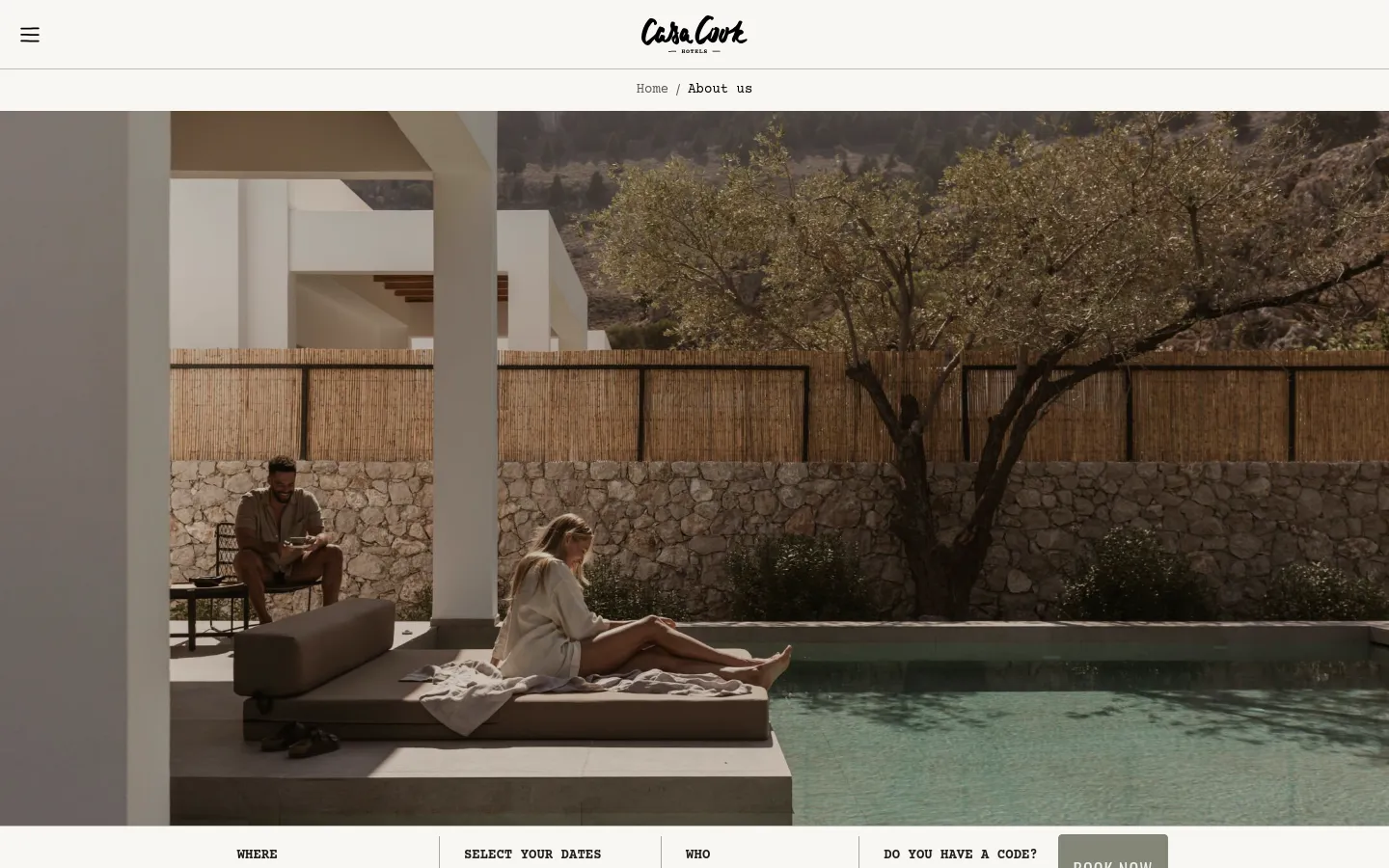 The desktop About Us page features a large hero image of a person relaxing by a pool next to a stone wall and trees, with the title 'ABOUT US' overlaid in white. Below the hero, the layout includes a navigation bar with a booking widget and text sections detailing the brand's philosophy, interspersed with various lifestyle and landscape images. The color palette is composed of earthy, neutral tones like beige, stone, and muted greens.