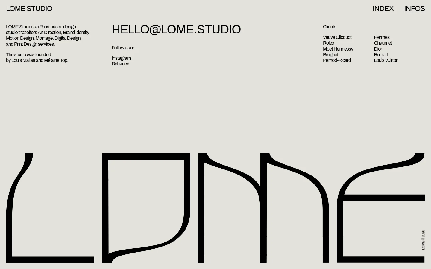 A minimalist desktop webpage with a light gray background and black sans-serif typography. The layout features the studio's description and contact email on the left, social media links in the center, and a two-column list of clients on the right, all positioned above a large, stylized 'LOME' logo at the bottom.