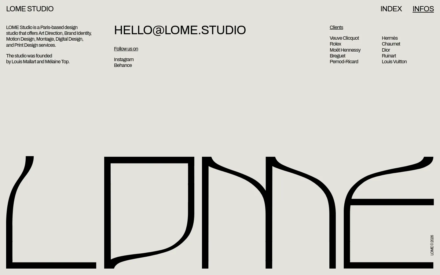 A minimalist desktop webpage with a light gray background and black sans-serif typography. The layout features the studio's description and contact email on the left, social media links in the center, and a two-column list of clients on the right, all positioned above a large, stylized 'LOME' logo at the bottom.