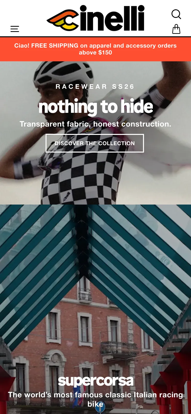 The mobile version presents a vertically stacked layout, starting with a condensed header containing a hamburger menu, the Cinelli logo, and a shopping bag icon. The hero section features the 'nothing to hide' headline over a centered image, followed by large, single-column image blocks for various collections and products. The bright orange shipping announcement bar remains prominent at the top of the viewport.