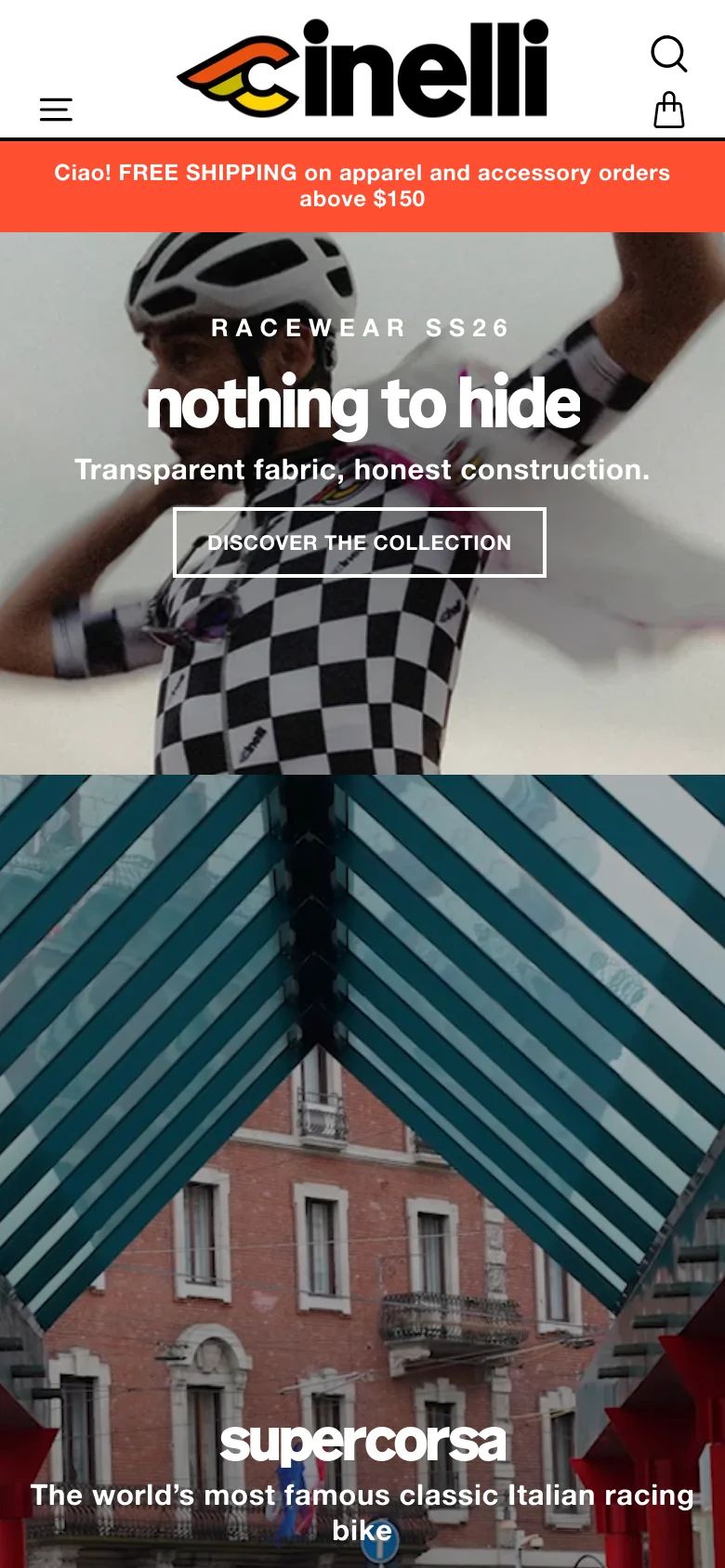 The mobile version presents a vertically stacked layout, starting with a condensed header containing a hamburger menu, the Cinelli logo, and a shopping bag icon. The hero section features the 'nothing to hide' headline over a centered image, followed by large, single-column image blocks for various collections and products. The bright orange shipping announcement bar remains prominent at the top of the viewport.