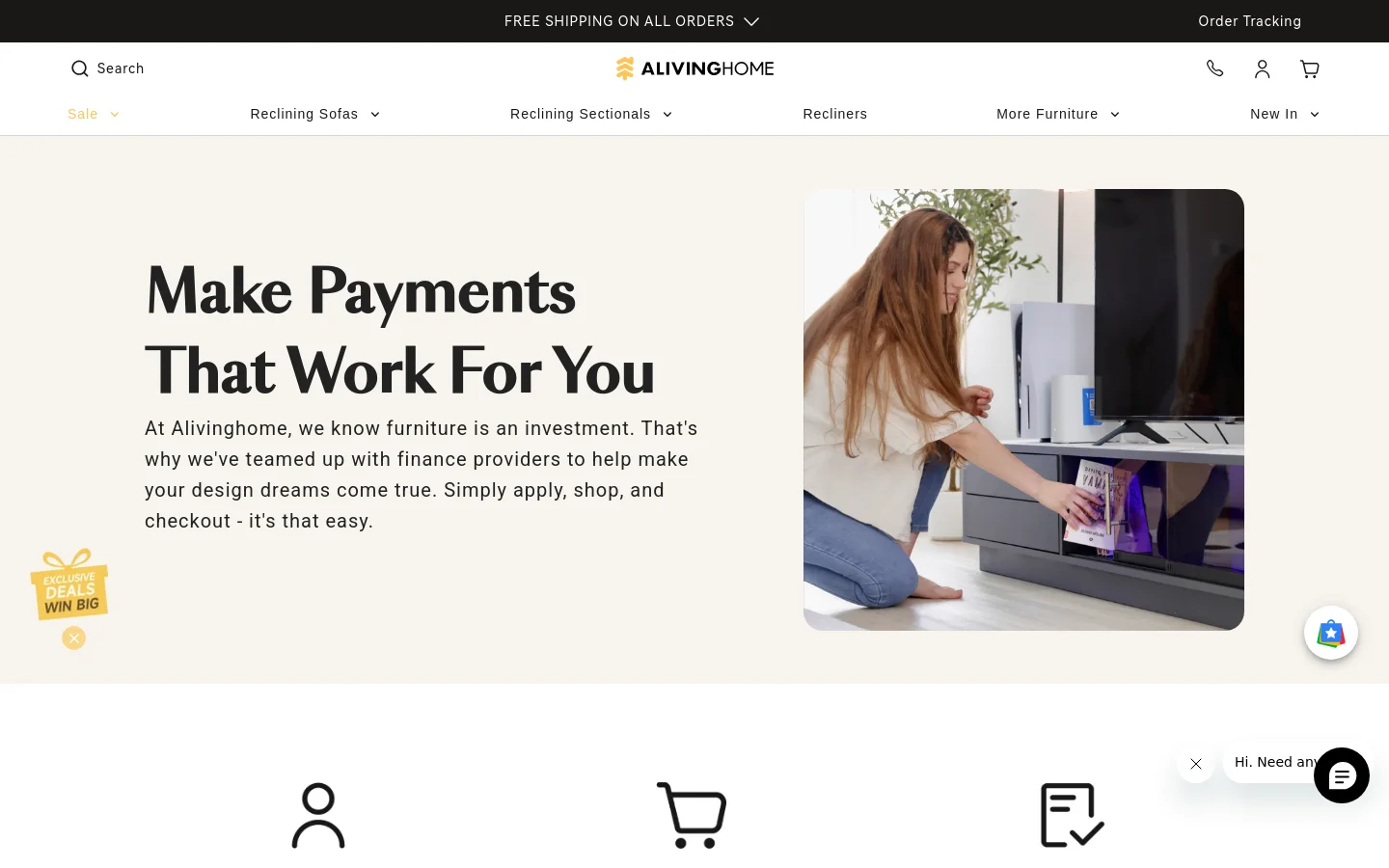 The desktop page features a large hero section with the headline 'Make Payments That Work For You' on a cream background, accompanied by a lifestyle image of a woman interacting with a media console. A navigation bar at the top includes links for Reclining Sofas, Sectionals, and Recliners, alongside search and account icons.