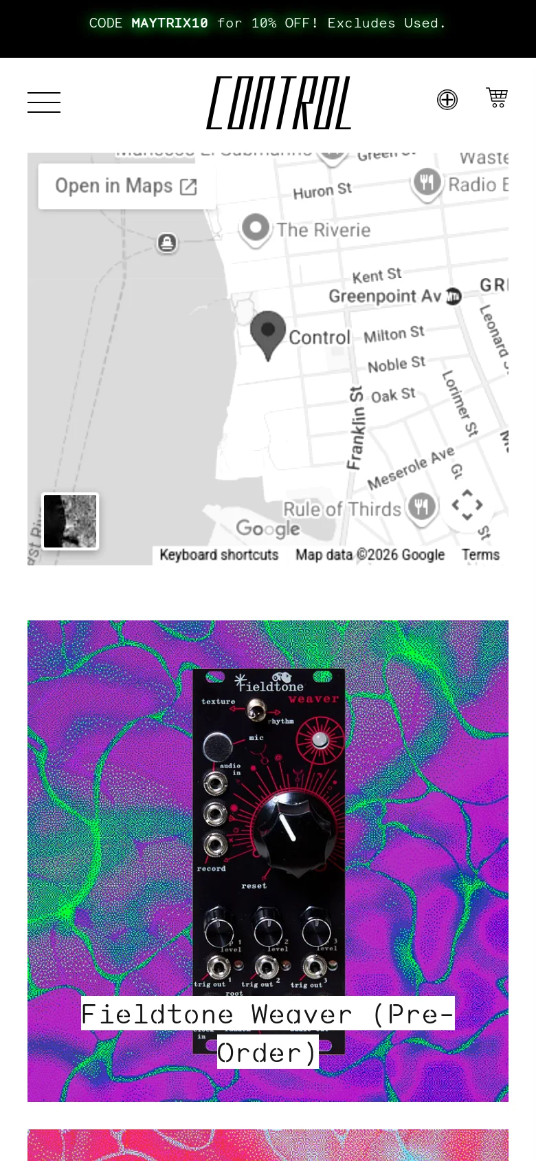 The mobile version presents a simplified layout with a hamburger menu and a centered logo at the top. The Brooklyn map hero section is scaled down, and the product grid transitions into a single-column vertical stack, emphasizing large product imagery and clear titles like 'Fieldtone Weaver (Pre-Order)'.