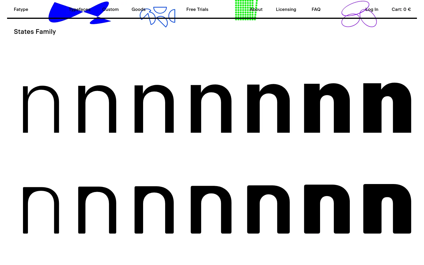 The Fatype homepage features a minimalist white background with a horizontal navigation menu containing text links and colorful abstract shapes. The main content displays large, bold typography specimens for the 'States Family' typeface, showcasing various weights of the letter 'n' in black.