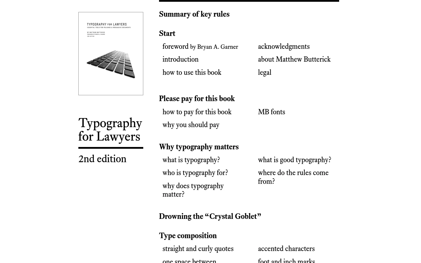 The desktop homepage features a minimalist white background with black serif text. On the left, a book cover image for 'Typography for Lawyers' sits above the title and edition, while the right side contains a multi-column organized list of navigation links categorized under headings like 'Summary of key rules', 'Start', and 'Why typography matters'.