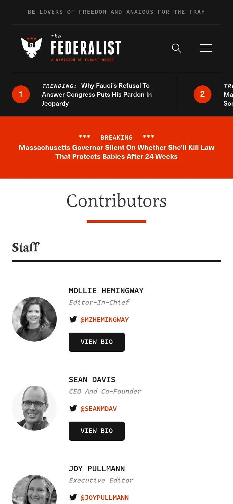 The mobile version presents the same contributor information but in a single-column vertical list instead of a grid. Each contributor's circular headshot is positioned to the left of their name, title, and social handle, with the 'VIEW BIO' button spanning the width below. The header is condensed, showing the logo, a search icon, and a hamburger menu icon.