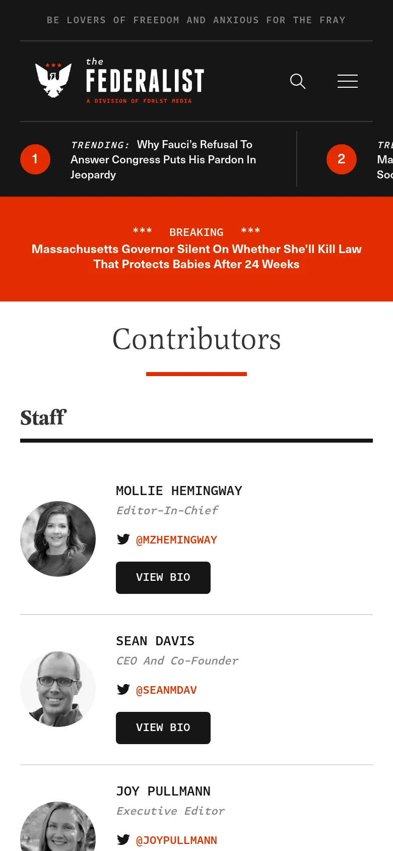 The mobile version presents the same contributor information but in a single-column vertical list instead of a grid. Each contributor's circular headshot is positioned to the left of their name, title, and social handle, with the 'VIEW BIO' button spanning the width below. The header is condensed, showing the logo, a search icon, and a hamburger menu icon.