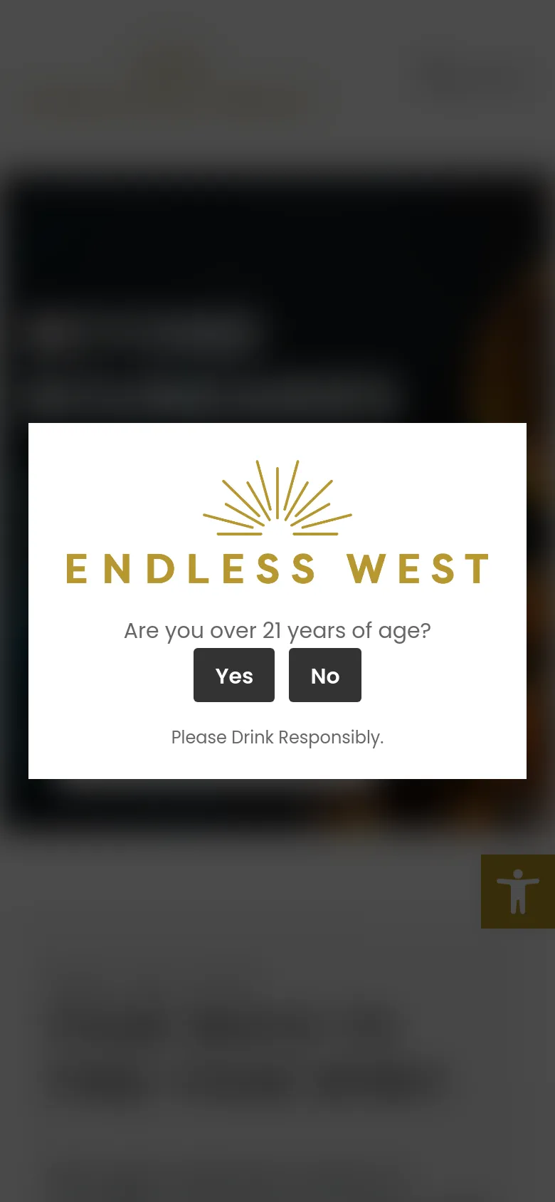 The mobile version displays a centered age verification overlay on a blurred background, asking 'Are you over 21 years of age?' with 'Yes' and 'No' buttons. The underlying page features a condensed layout with a hamburger menu icon and the same dark, spirit-themed hero imagery seen on desktop.