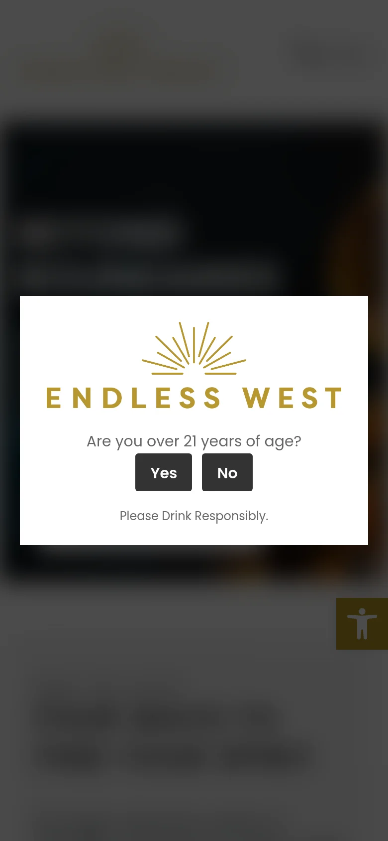 The mobile version displays a centered age verification overlay on a blurred background, asking 'Are you over 21 years of age?' with 'Yes' and 'No' buttons. The underlying page features a condensed layout with a hamburger menu icon and the same dark, spirit-themed hero imagery seen on desktop.