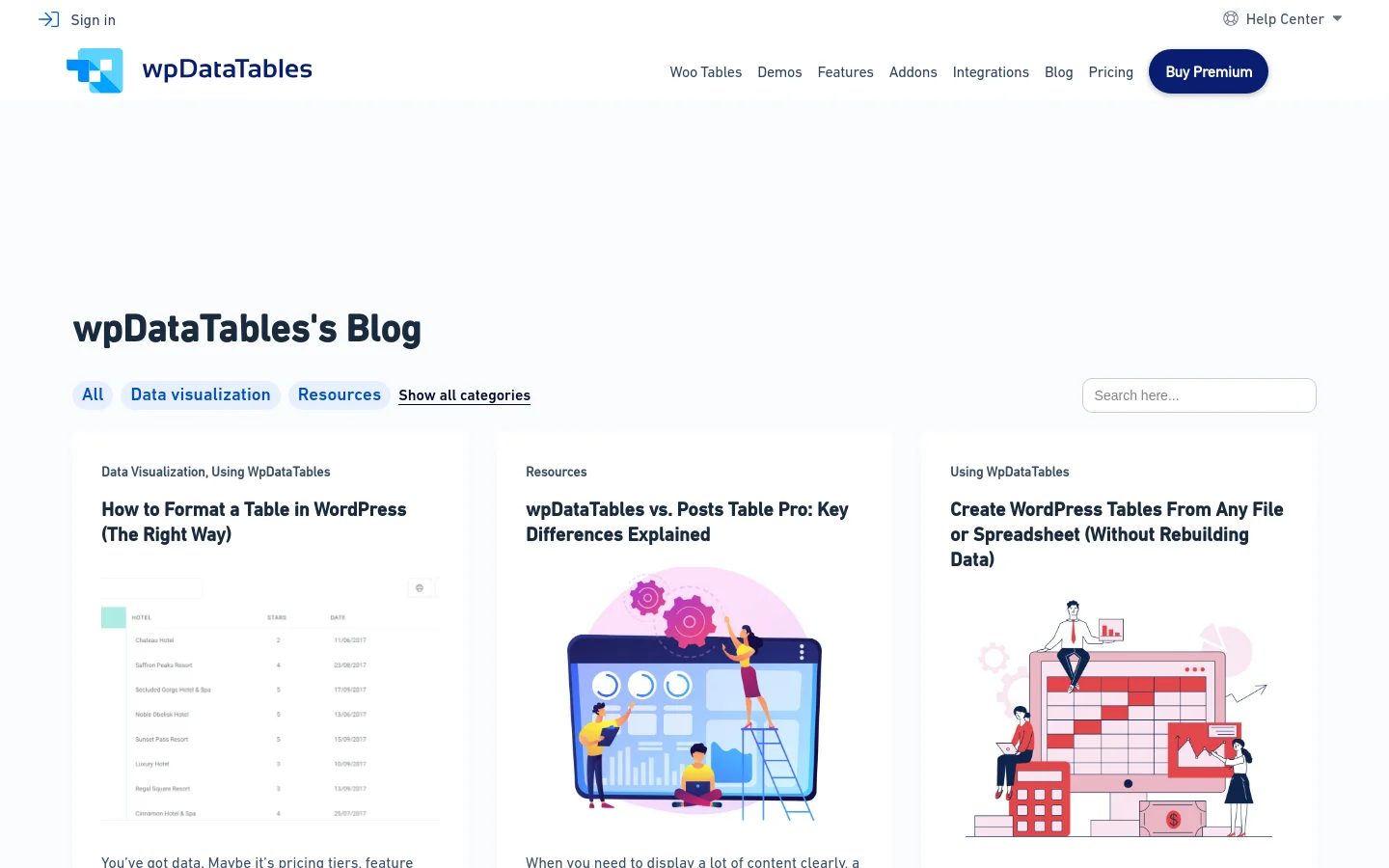 The desktop blog page features a clean white background with a top navigation bar containing the wpDataTables logo and links like 'Woo Tables' and 'Buy Premium' in a dark blue button. The main heading 'wpDataTables's Blog' is followed by category filters and a search bar, with blog posts displayed in a multi-column grid layout featuring large headlines and colorful illustrative graphics.