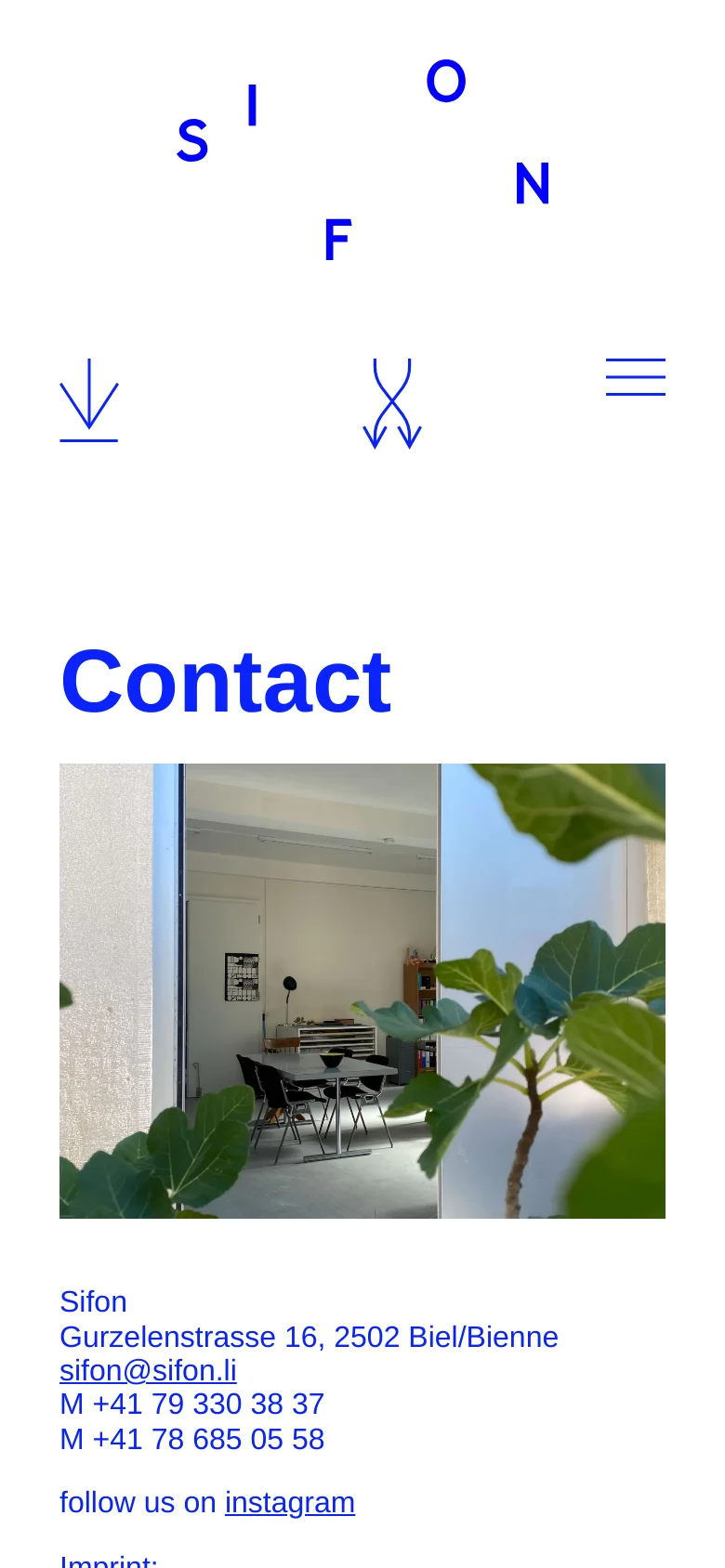 The mobile version maintains the white background and blue text theme but rearranges the elements into a single vertical column. The 'SIFON' logo and hamburger menu are centered at the top, followed by the large 'Contact' heading, the office interior image, and the contact information stacked below.