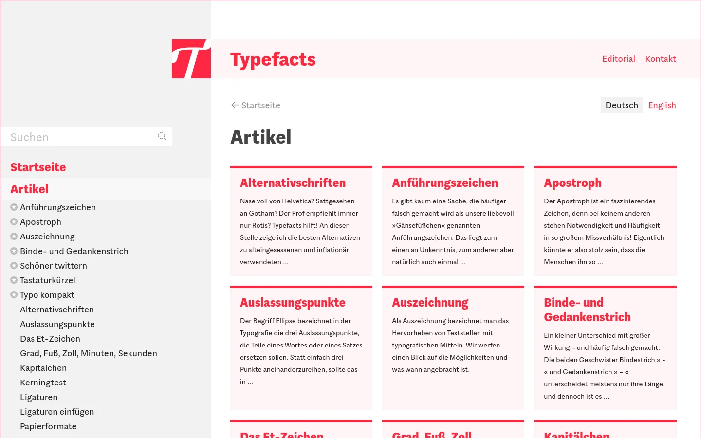 The desktop version of the 'Artikel' page features a clean white background with a red and gray color scheme. A left-hand sidebar contains a search bar and a vertical navigation menu, while the main content area displays a grid of article cards, each with a red header, a bold title, and a short text preview.