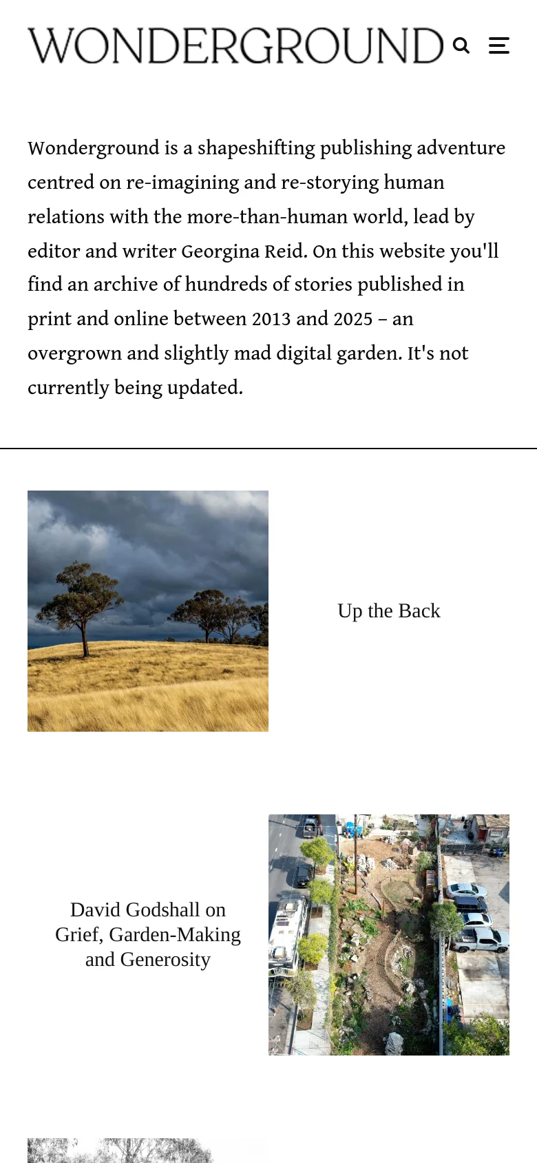 The mobile version presents a vertically stacked layout with the logo and a hamburger menu at the top. The hero image of the golden field is positioned above the text 'Up the Back' and its description, followed by subsequent content blocks like 'David Godshall on Grief' that appear in a single column for easier scrolling.
