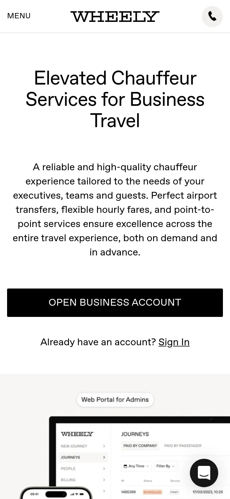 The mobile version uses a simplified layout with a 'MENU' label on the left, the Wheely logo in the center, and a phone icon on the right. The hero text and description are centered and stacked vertically, followed by a full-width black 'OPEN BUSINESS ACCOUNT' button and a 'Sign In' link.