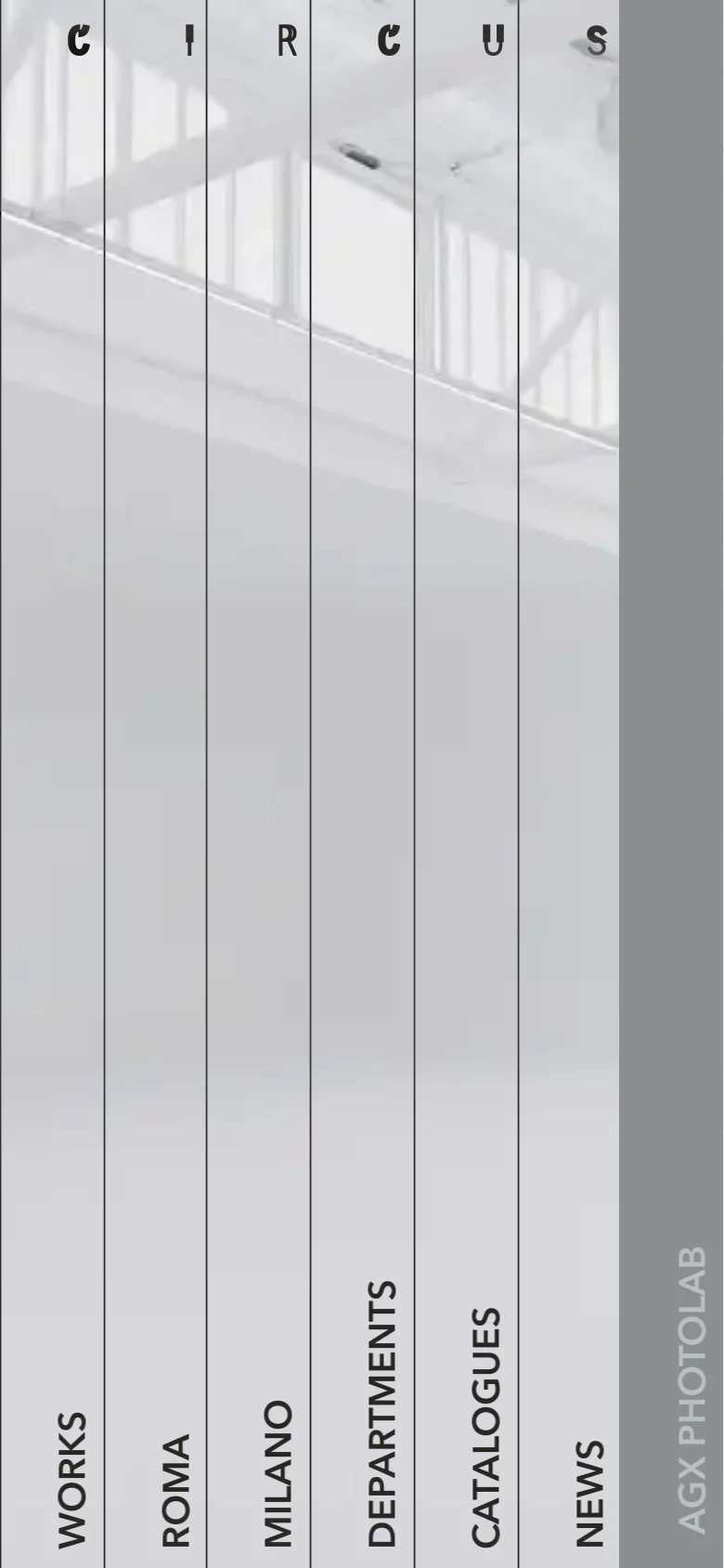 The mobile version presents a simplified, single-column vertical layout with large, high-quality photographic tiles representing different sections like 'Works', 'Roma', and 'Milano'. The text is oriented vertically on the sides, and the overall design uses a clean, neutral color palette with ample white space.