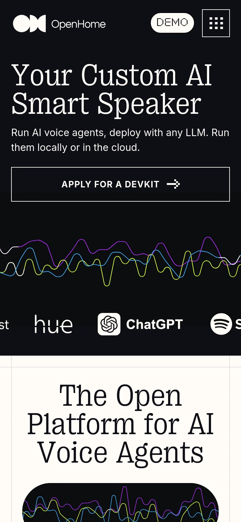 The mobile version presents a vertically stacked layout on a black background, starting with the OpenHome logo, a 'DEMO' button, and a menu icon. The main headline 'Your Custom AI Smart Speaker' is followed by the subheadline and a full-width 'APPLY FOR A DEVKIT' button. Below this, a vibrant, multi-colored waveform graphic spans the width of the screen, followed by a scrolling row of brand logos.