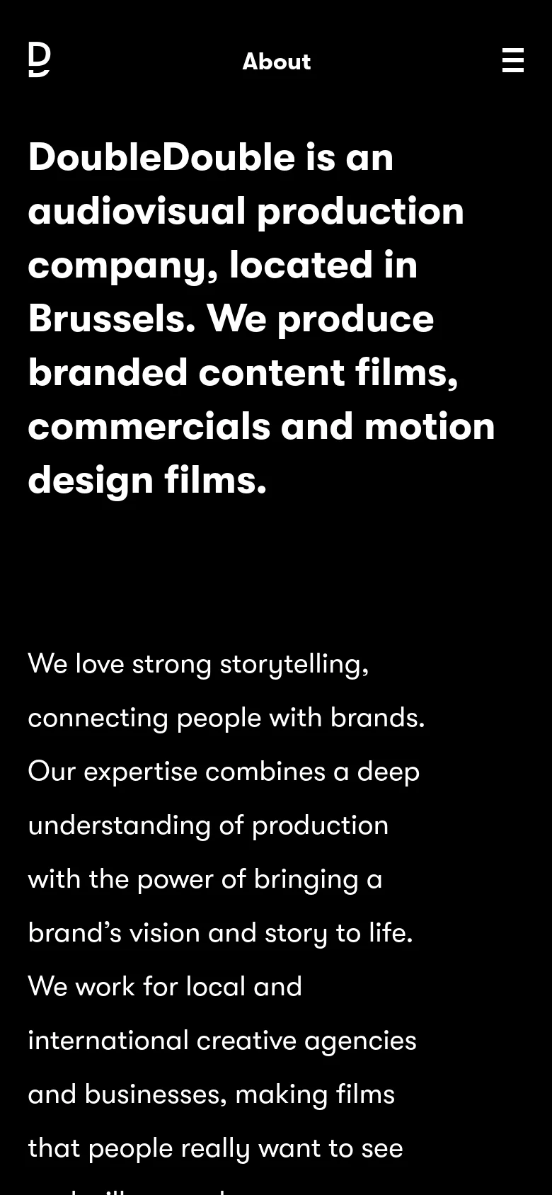 The mobile version maintains the black and white color scheme but uses a condensed vertical layout. The navigation menu is replaced by a hamburger icon next to the company logo, and the large headline text is scaled down to fit the narrow screen width.