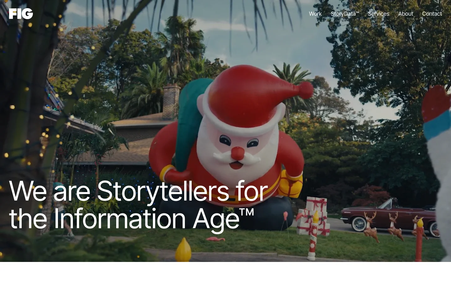 The desktop homepage features a large hero image of an inflatable Santa Claus in a yard, overlaid with the headline 'We are Storytellers for the Information Age™'. A navigation menu with links for Work, StoryData™, Services, About, and Contact is at the top right. The layout is clean with a white background for the content sections below the hero image.