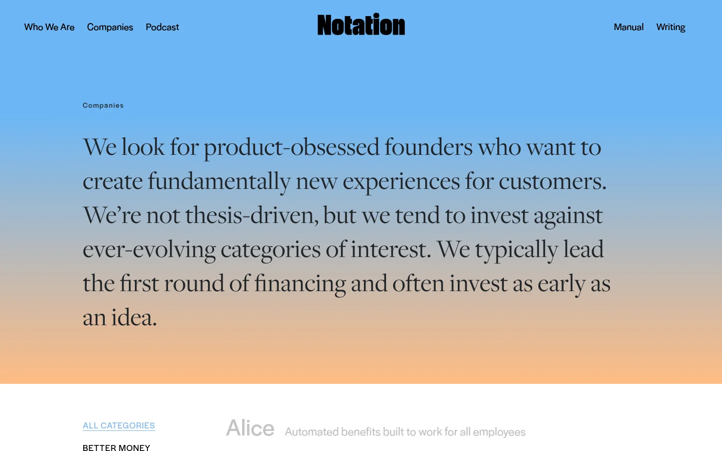 The desktop page features a minimalist design with a light blue to peach gradient background. A large serif headline explains the firm's investment philosophy, positioned below a navigation bar containing the Notation logo and links like 'Who We Are' and 'Companies'. Below the hero section, a category filter and a list of portfolio companies with brief descriptions are displayed on a white background.