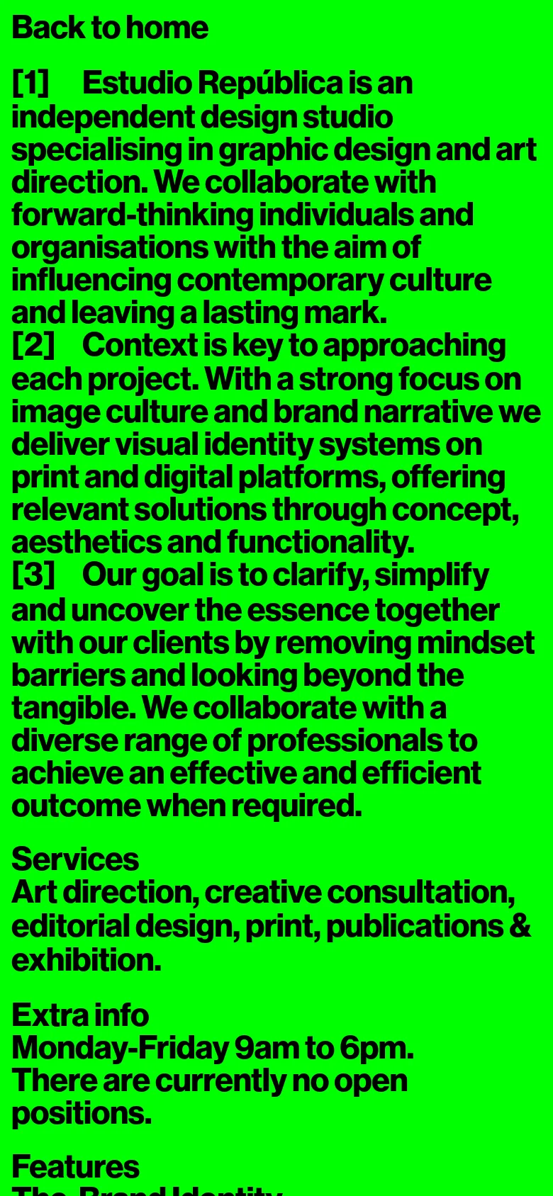 The mobile version maintains the high-contrast lime green and black color scheme and bold text. The layout is a single, narrow column optimized for vertical scrolling, with the text blocks and service lists stacked vertically to fit the smaller screen width.