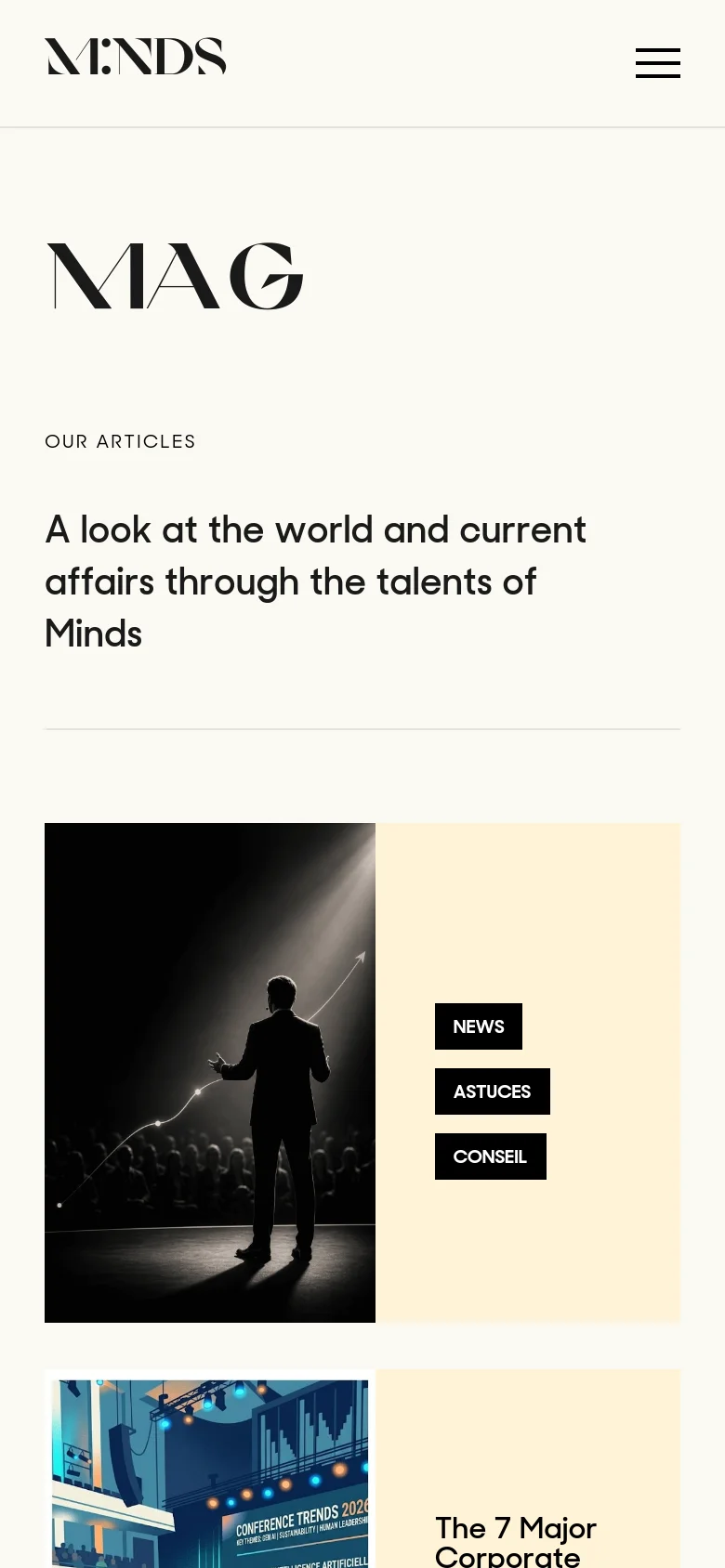 The mobile version simplifies the layout into a single-column vertical scroll. The 'MAG' header and subheadline are stacked at the top, followed by article cards that span the width of the screen, showing a large image above the text and tags.