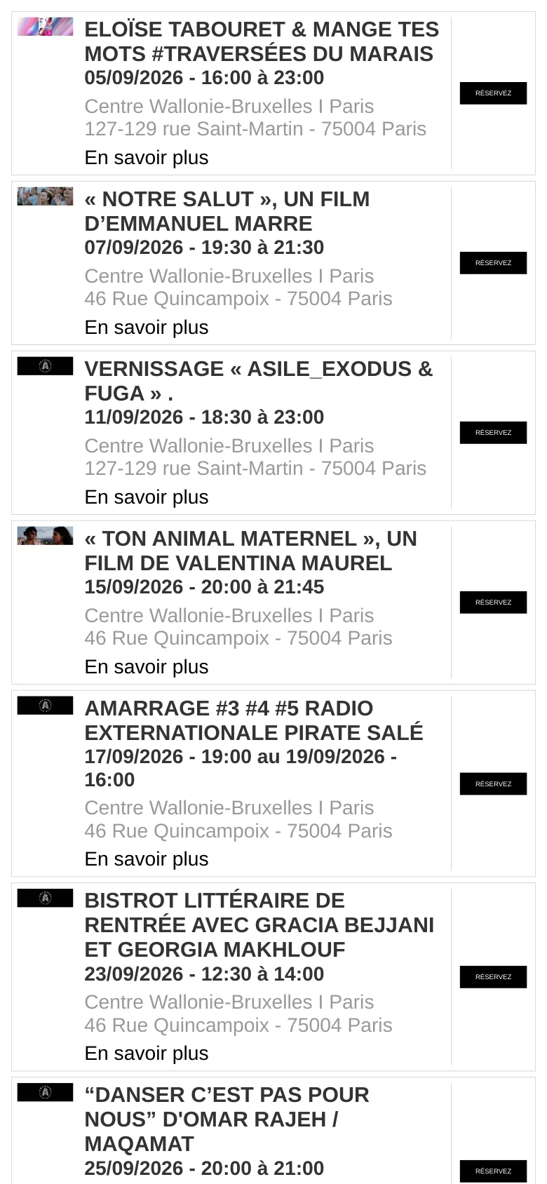 The mobile version presents a single-column layout optimized for vertical scrolling. The hero section is condensed, followed by the event description, and then the event list where the 'RÉSERVEZ' buttons are stacked below or beside the text to fit the narrow screen width. The dominant colors remain white and black, maintaining a high-contrast, readable design.