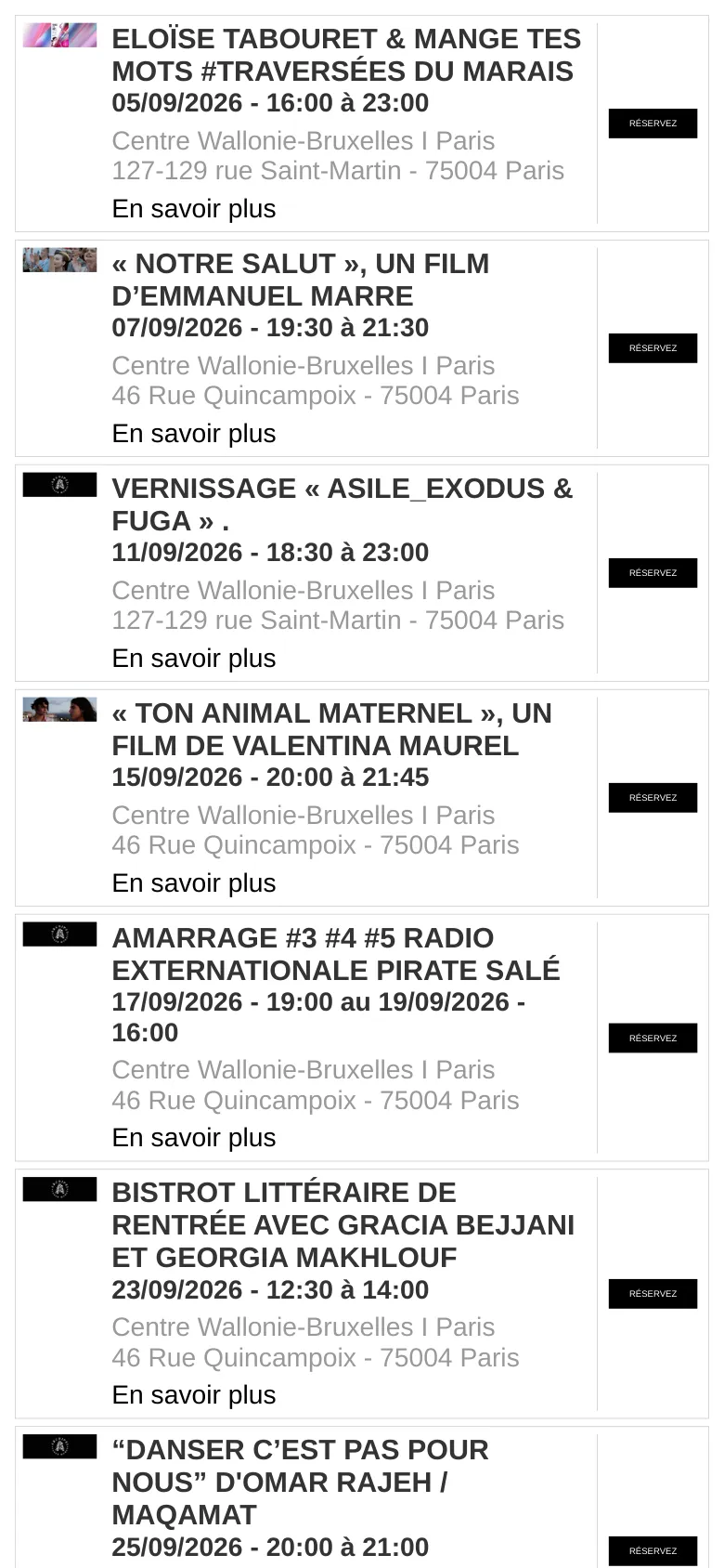 The mobile version presents a single-column layout optimized for vertical scrolling. The hero section is condensed, followed by the event description, and then the event list where the 'RÉSERVEZ' buttons are stacked below or beside the text to fit the narrow screen width. The dominant colors remain white and black, maintaining a high-contrast, readable design.