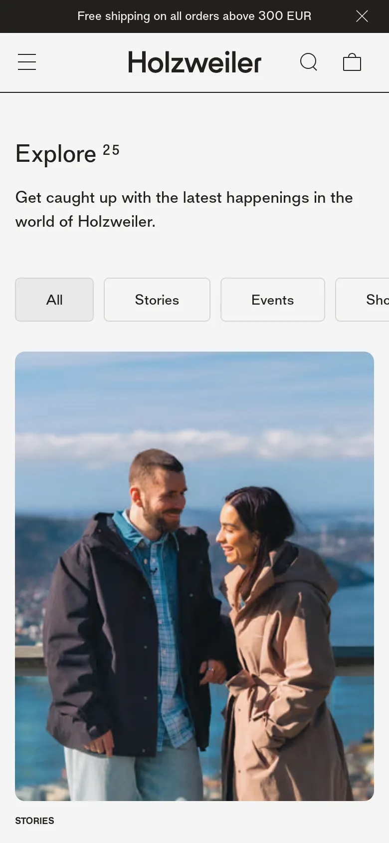 The mobile version simplifies the layout, stacking the 'Explore 25' headline and description above a single large hero image. The filter buttons are presented in a horizontally scrollable row, and the top navigation is condensed into a hamburger menu, search icon, and shopping bag icon.